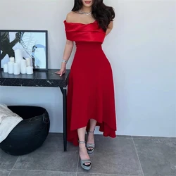 Yipeisha Simple High quality Red Jersey Evening Dress Off the Shoulder Draped Hi-Lo Ankle Length Formal Pageant Party Prom Gowns