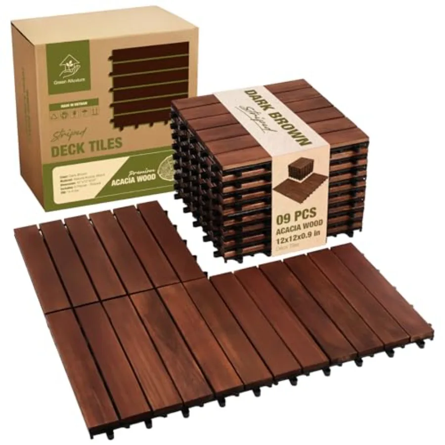 

Premium Acacia Wood Interlocking Deck Tiles, 12"x12"x0.9" Outdoor Patio Flooring, Waterproof All-Weather Use, 9 PCS, Striped Pa