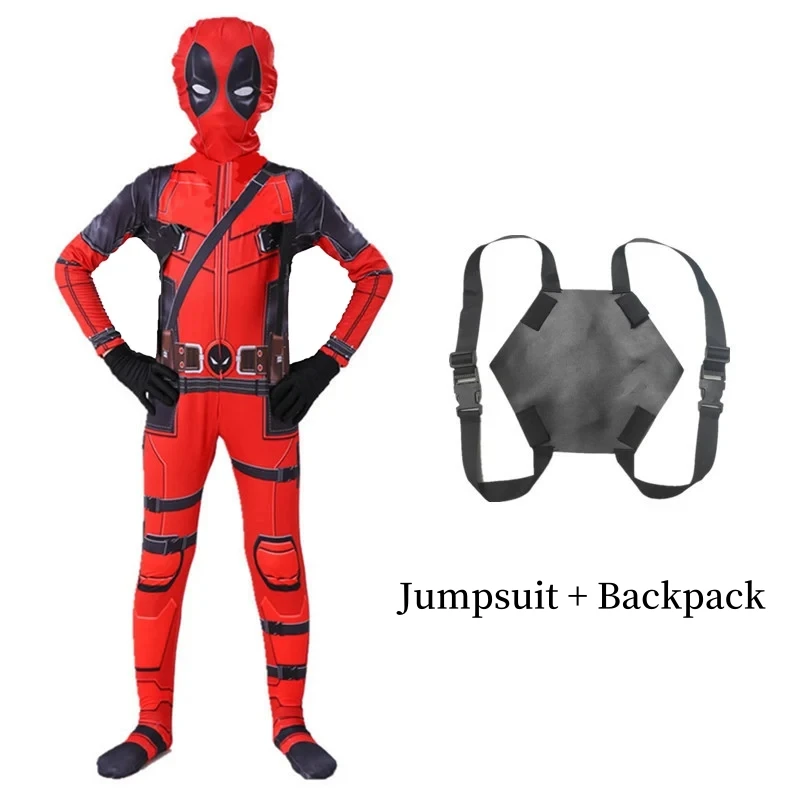 Deadpool Cosplay Costume pour hommes et femmes, masque trempé, combinaison, sac à dos, couteau, accessoires, sourire, héros, Halloween, enfant