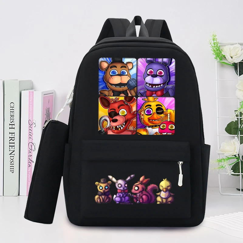 حقائب ظهر FNAF ذات سعة كبيرة مع مقلمة للطلاب خمس ليالًا في حقيبة مدرسية فريدي للأولاد والبنات وحقيبة تخزين الكتب المكتبية