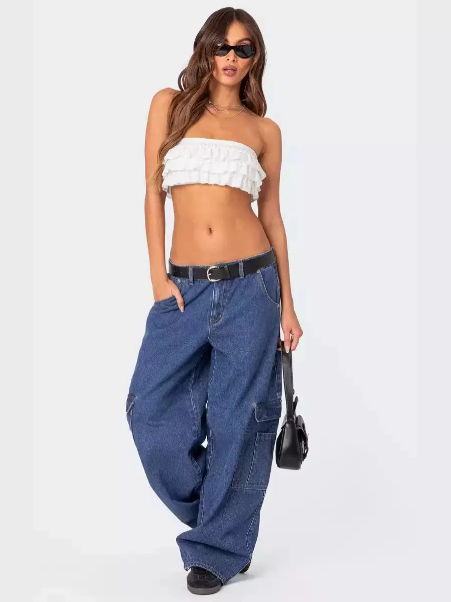 بنطلون عمل أسود مغسول عتيق واسع الساقين طويل حتى الأرض جينز كاجوال بخصر منخفض وسحاب للإغلاق مناسب لموسم الخريف #4