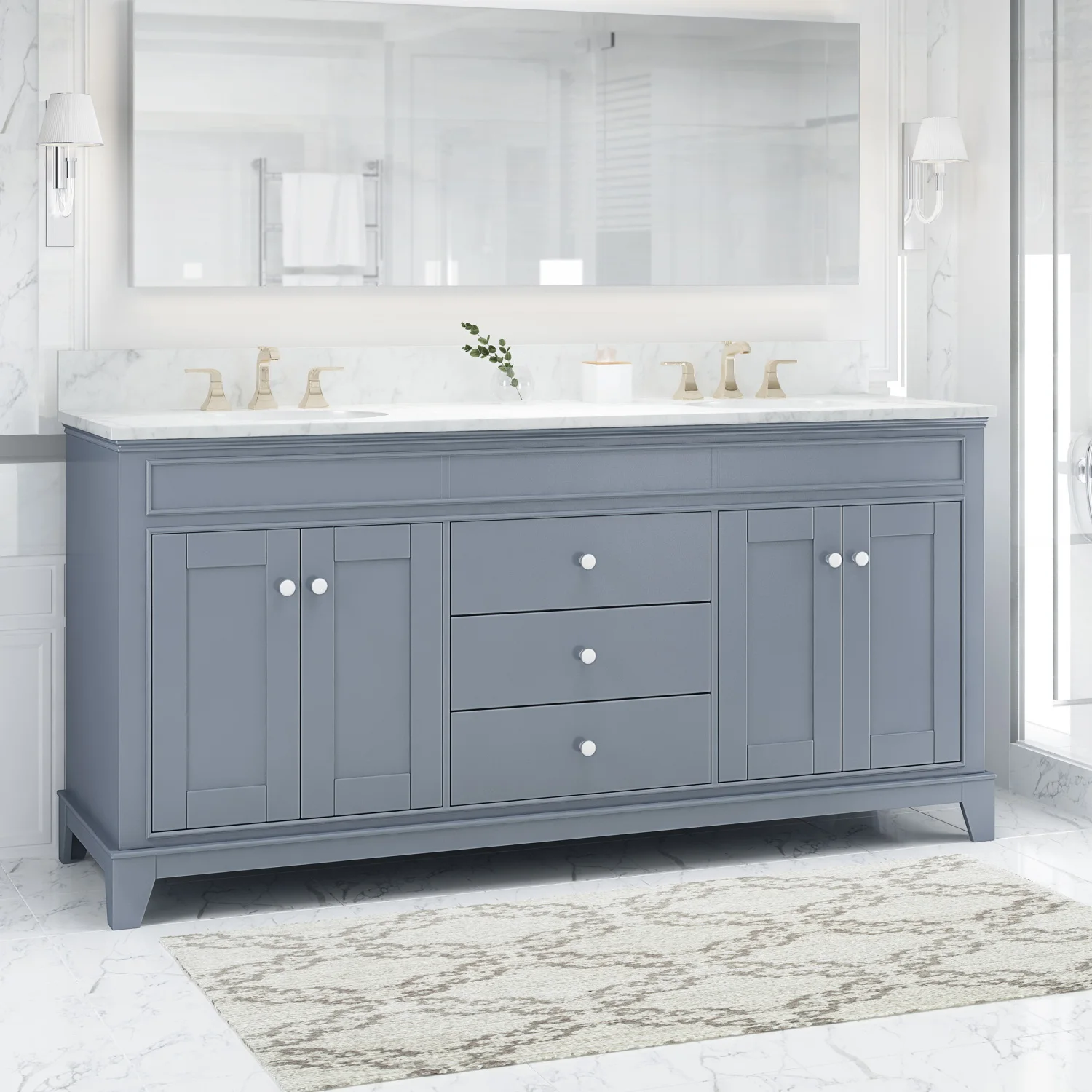 73'' Bathroom Vanity with Marble Top & Double Ceramic Sinks, 4 Doors, 3 Drawers, Gray