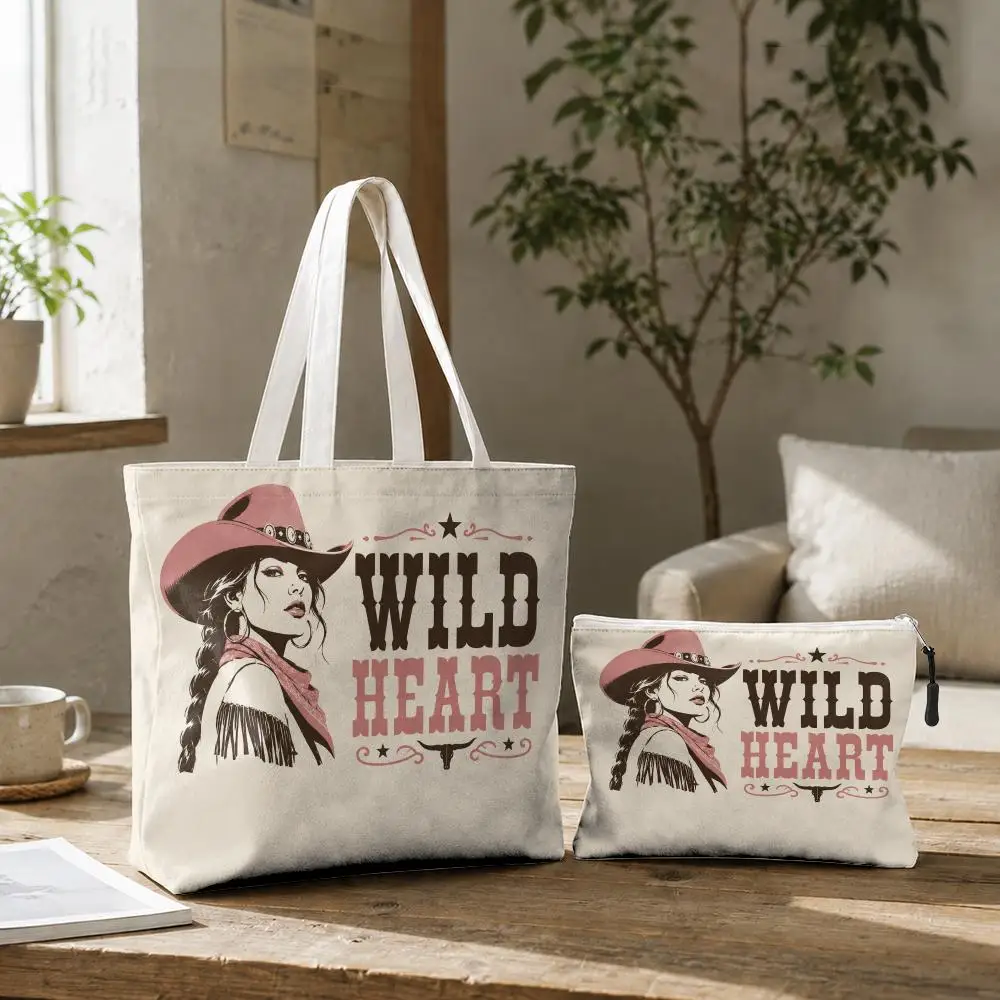 Vintage Western Cowgirl Storage Bags 2-Pcs Canvas Tote Bag with Zipper Reusable Tote Bags for Shopping Travel Work Gifts