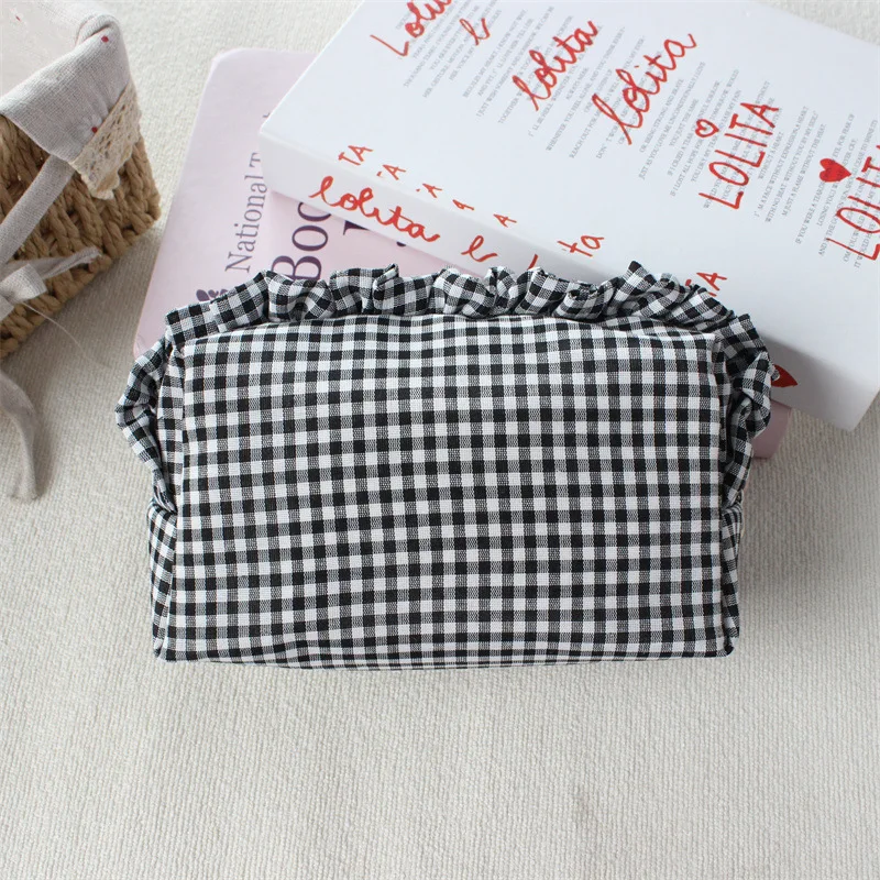 Plaid Gingham Fringe Edge Makeup Bag Korean Style Large Capacity Portable Travel Cosmetic Toiletry Bag Case for Girls Female
