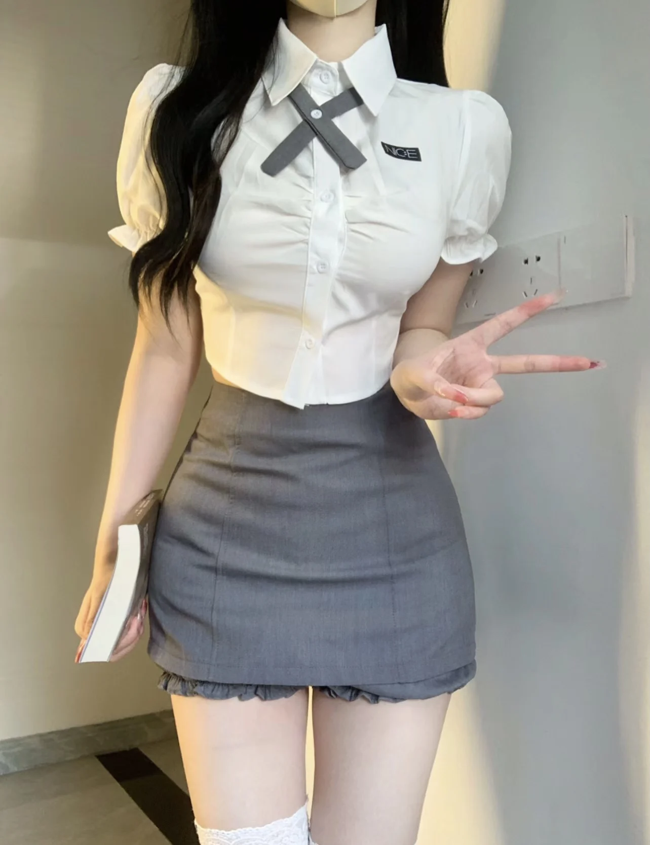 Verão Coreano Uniforme Conjunto de Duas Peças Blusa Curta Puff Manga Branco Hot Girl Cintura Camisa Magra Saia Hip JK Uniforme Escolar