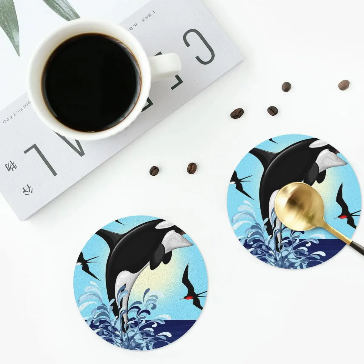 Orca القاتل الحوت القفز خارج المحيط الوقايات الجلدية المفارش العزل القهوة الحصير للمنزل المطبخ الطعام منصات مجموعة من 4 #2