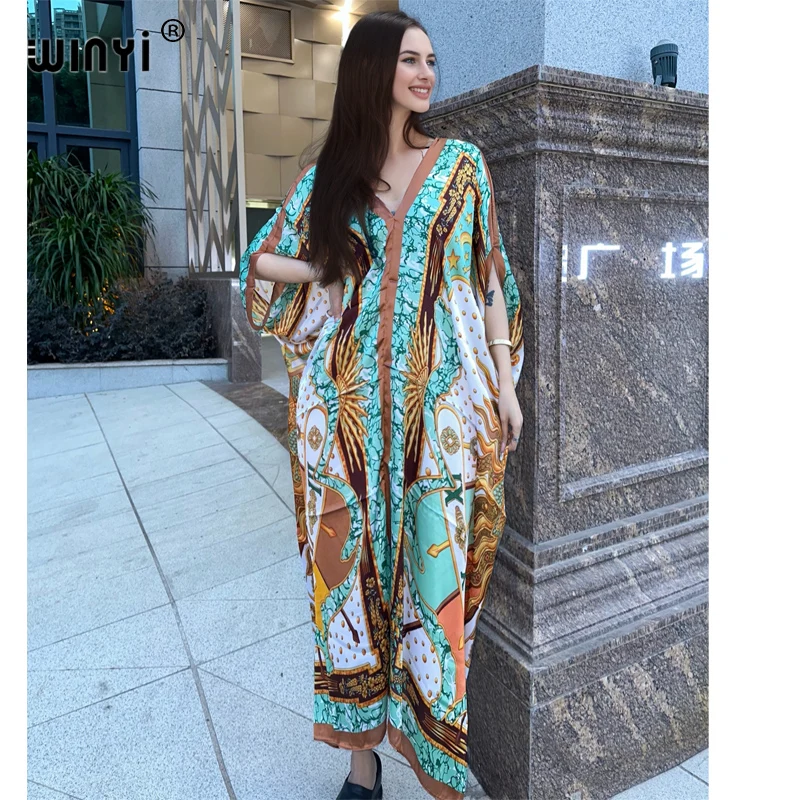 WINYI Summer african V-neck dress Printed beach wear women 2024 Loose Femme Robe Muslim beach cover ups silk feel evening dress