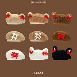 Japanese Cute Bear Ears Lamb Wool Berets Caps for Women Autumn and Winter Casual Warmth Sweet Bow Design Painter Hats Y2K