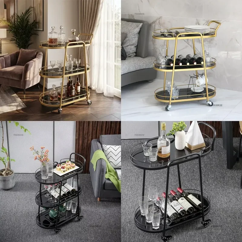 European Style Iron Kitchen Trolley for Restaurant Tea Cart with Mobile Wheels for Home Salon Luxury Wine Service Utility