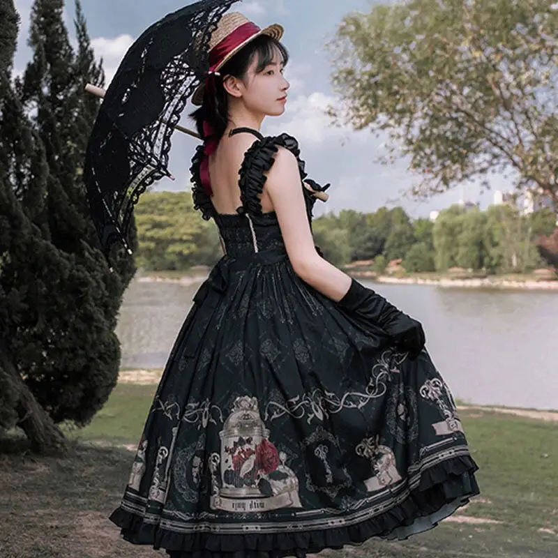 Vestido Lolita Gótico Vintage, Cintura Alta Falbala, Kawaii, Estilo Escuro, Vitoriano, Jsk Loli