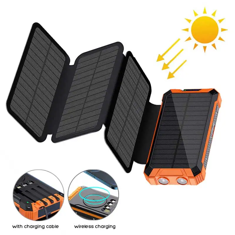 

Внешний аккумулятор на солнечной батарее высокой емкости 20000 мАч с 4 солнечными панелями, 4 вида зарядных кабелей, поддержка беспроводной зарядки, внешняя зарядка.
