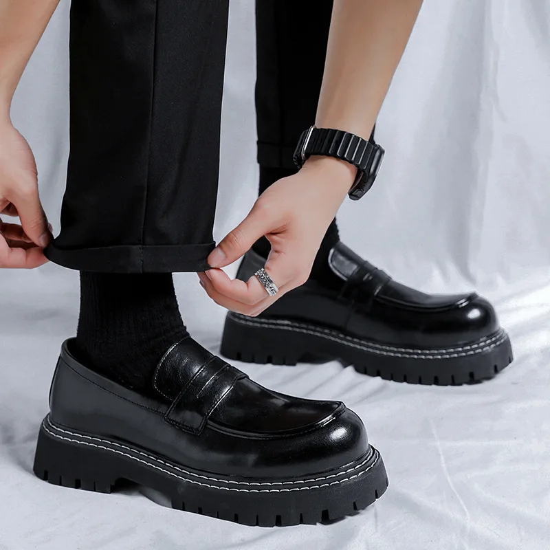 

men casual business wedding formal dress shoes slip-on natural leather driving shoe black stylish platform loafers mans footwear
