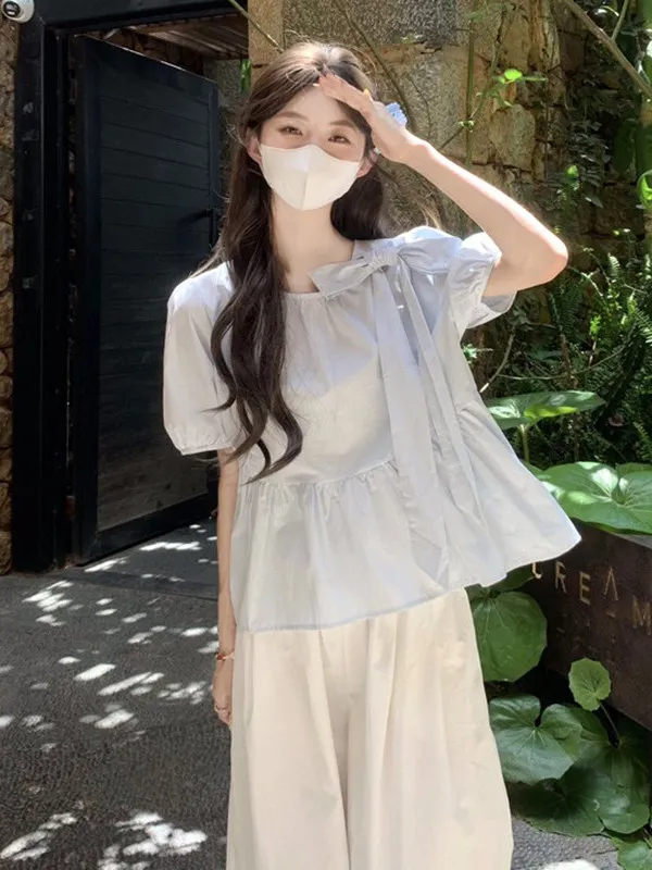 

Blue Short Bubble Sleeve Cotton Linen Women's Shirt Summer Bright Knot French Style Loose Fit round Neck Top