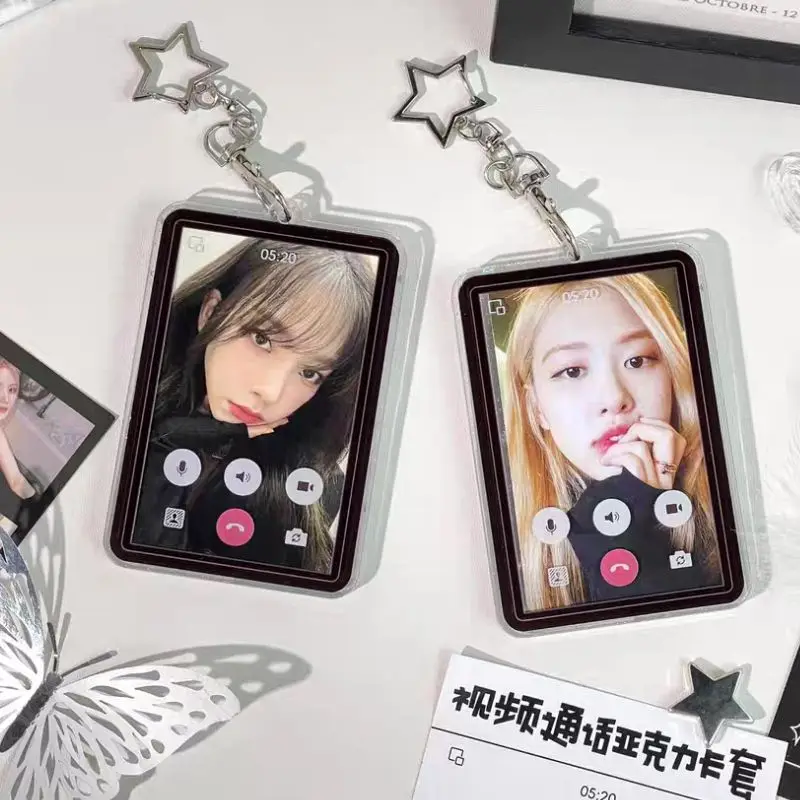 INS Video Call Transparent Glitter Photocard Holder Acrylic 3Inch Idol Card Holder Sleeve Pendant Korean Card Bag Stationery