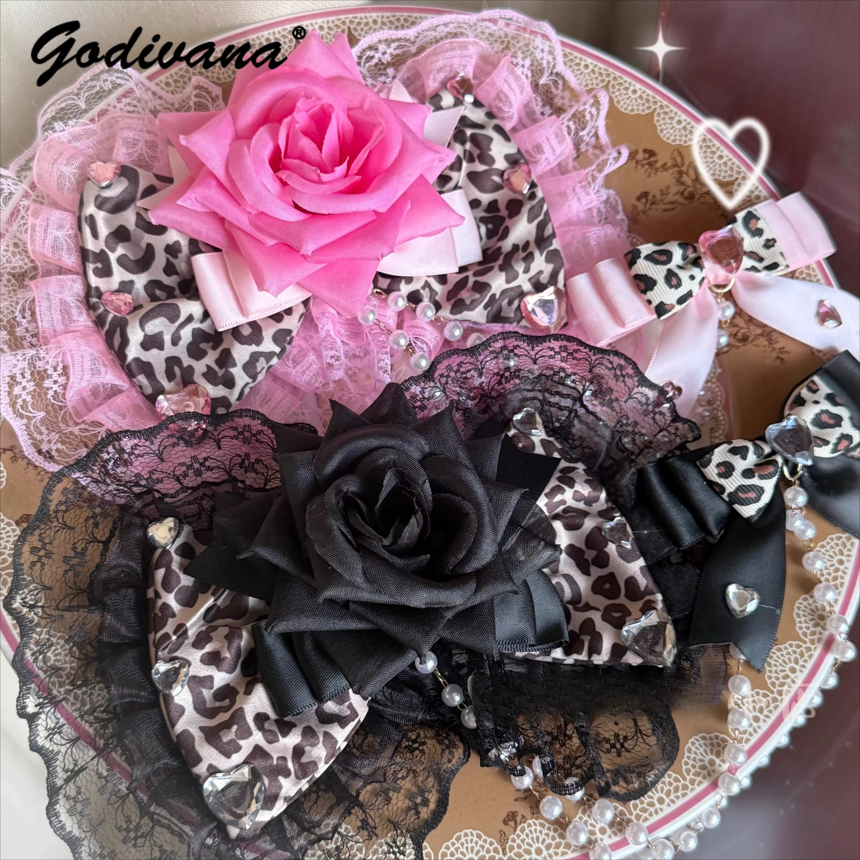 

Заколка для волос в стиле Гяру с леопардовым принтом, кружевом и бантом, в стиле Лолита, женская, с жемчужной цепочкой и розой, для принцесс
