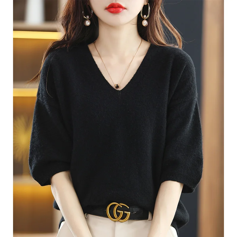 2024V-Neck Sweater Women Knit Short-Sleeve 100%Wool T-Shirt Summer New Pullovers Loose Thin Cashmere Solid Base Shirt Female Top