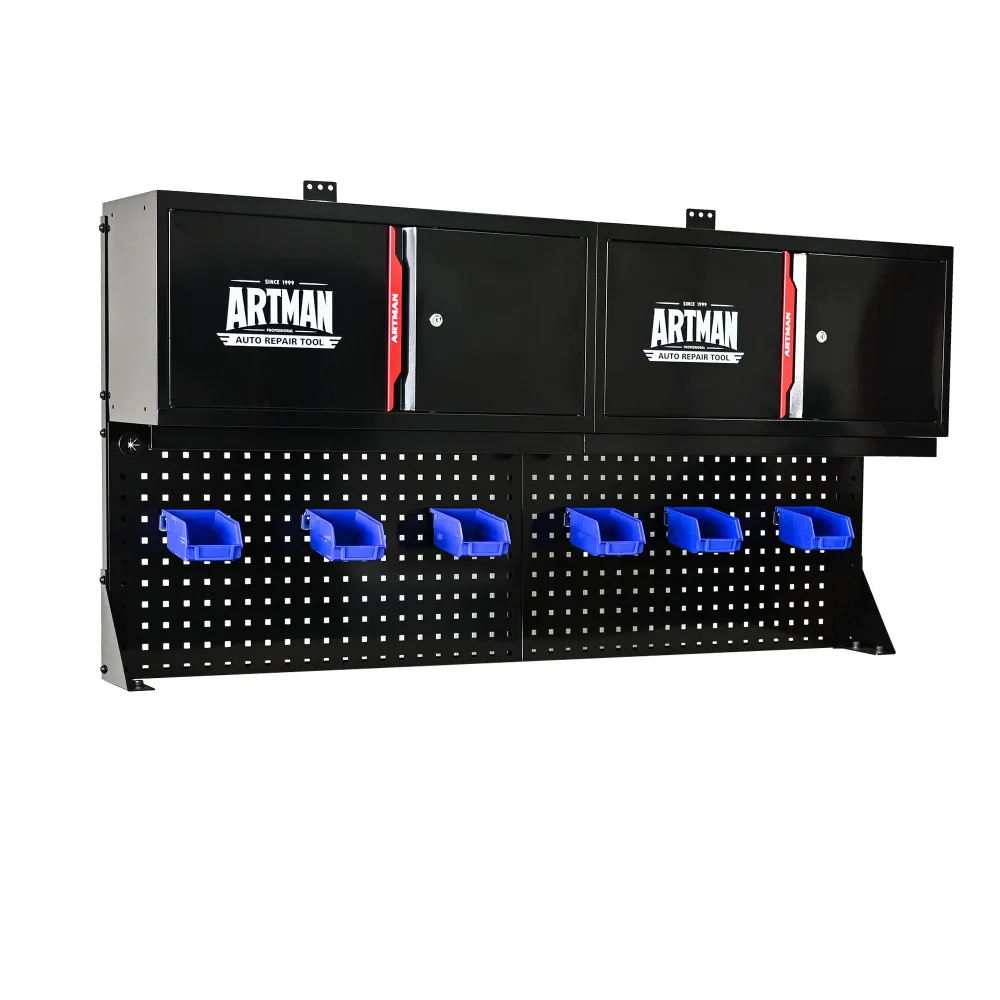 

Wall-mounted Double-door Cabinet: Tool Rack, Storage Shelf, Hanging Basket Hook&SS Hole Plate - Black&Red