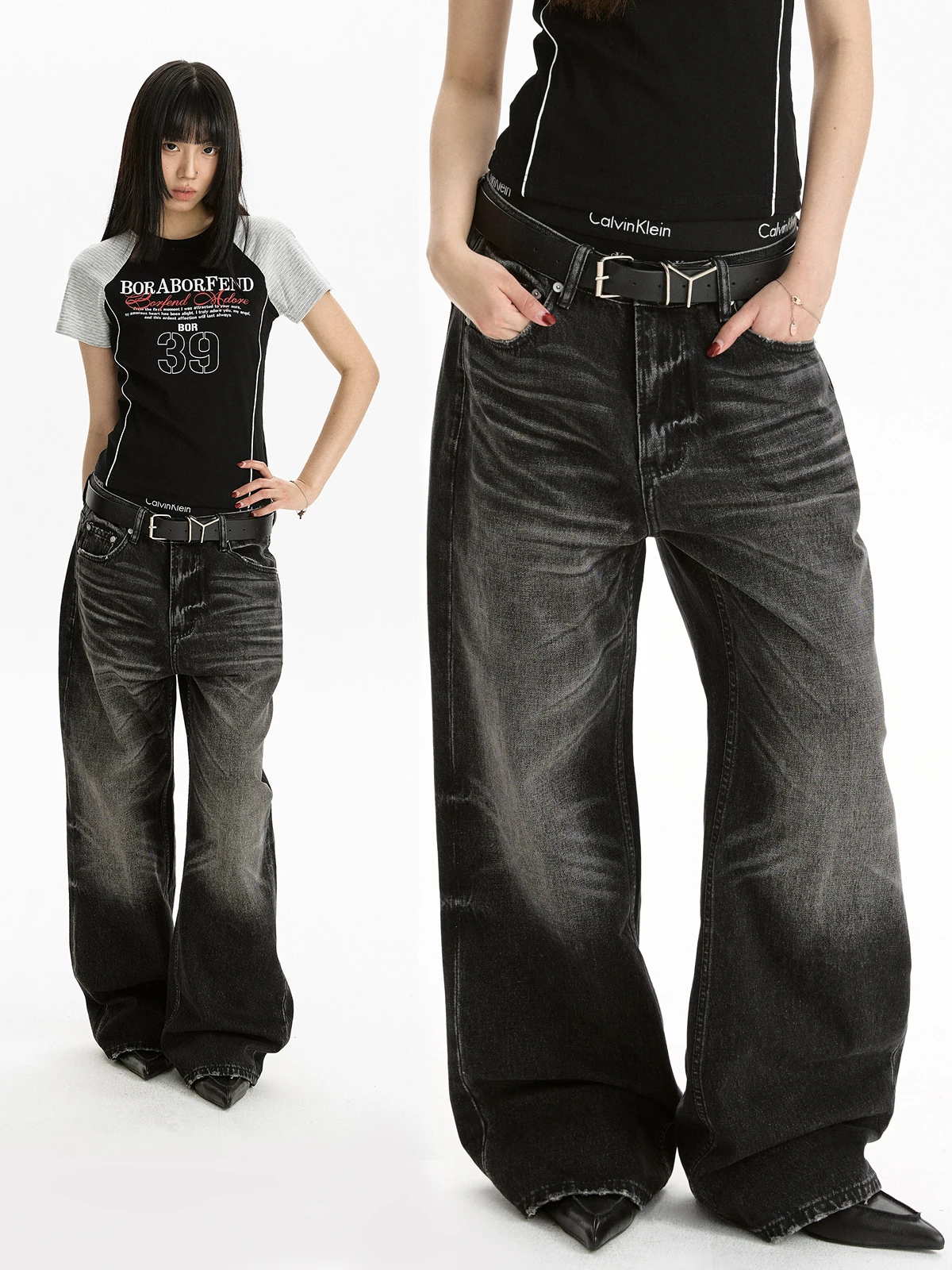 

Apocket American Retro Black Denim Jeans Women's Cleanfit Straight Leg Jeans Pattern Wash Natural Waist Cotton Jeans