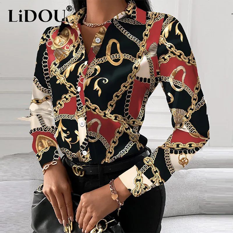 

Street Style 2022 Personality Chain Printing Long Sleeve Casual Shirt Women Harajuku Fashion Lapel Buttons Slim Top Blouse Femme