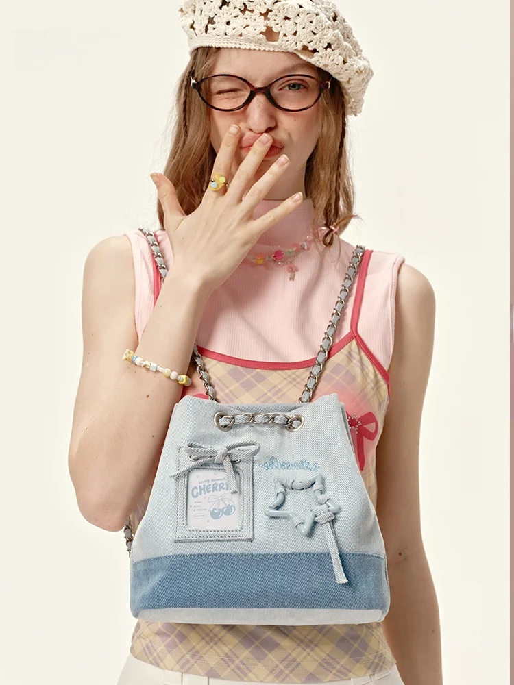 vanwalk-bucket-shaped-denim-crossbody-bag-women's-travel-chain-shoulder-bag-commuter-style-double-layered-padded-backpack