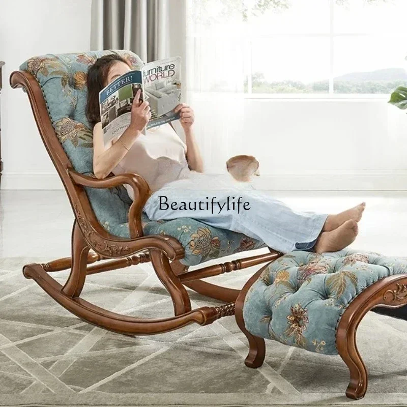 

11American rocking chair leather solid wood, retro European style, balcony home leisure, sofa chair