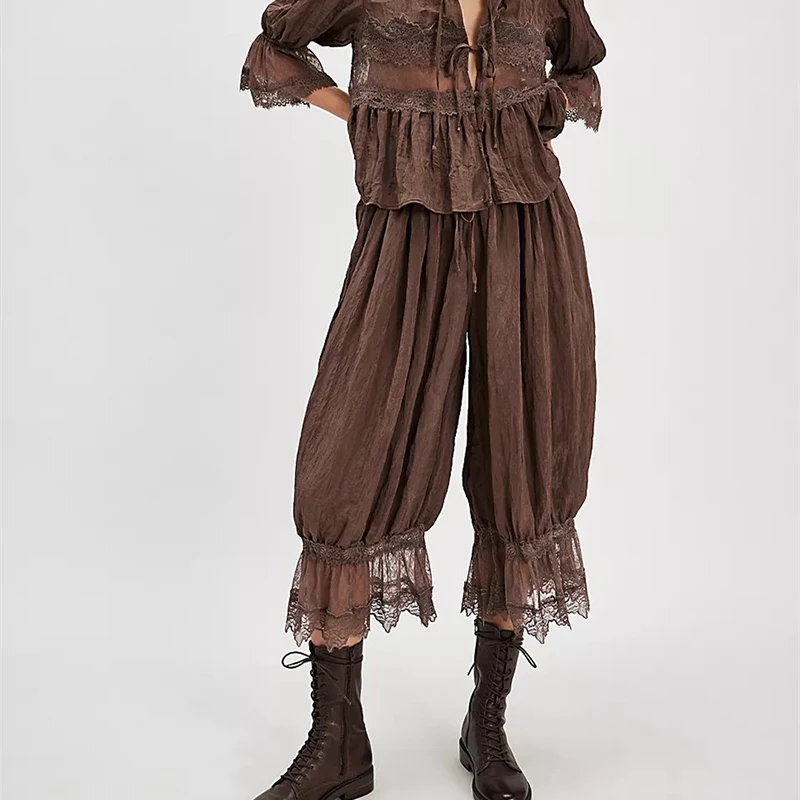 Women Lace Trim Pants Vintage Pettipants Long Bloomers Pants Under Dress Pantaloons Y2K  Capri Pajamas Cute Ruffle Pumpkin Pants