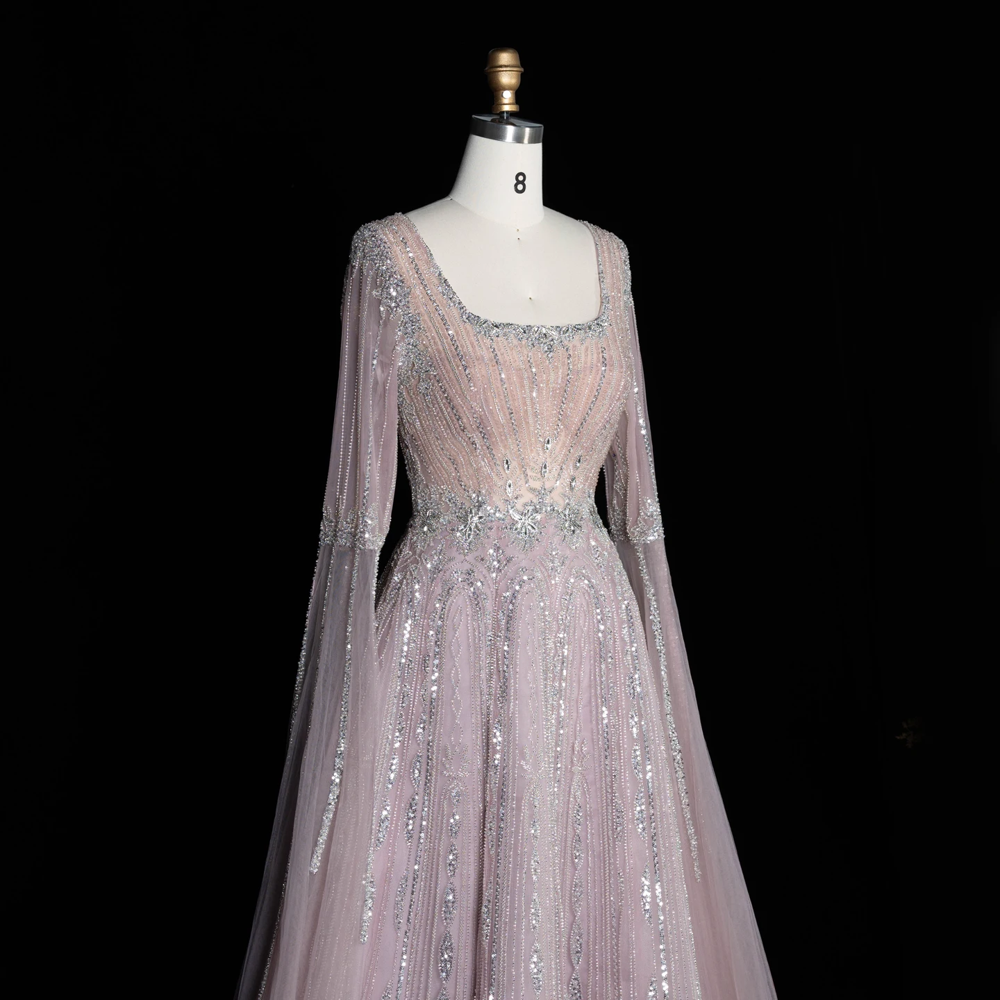 Sharon Said Luxuriöses Braunes Abendkleid mit Quadratischem Ausschnitt, Langen Glockenärmeln, Schwer Perlenbestickt, Dubai Formelle Partykleider SS065 Maßanfertigung – Detail 7