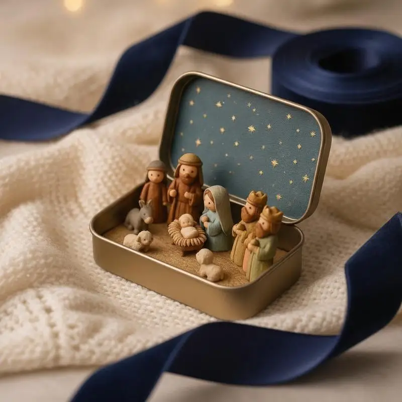 Mini Christmas Nativity Set In Tin Box Cute 3D Printed Figures Manger Set Iron Box For Christmas Home Decoration Holiday Gifts