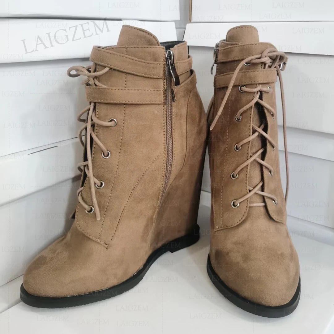 LAIGZEM Women Ankle Boots Wedges High Heels Round Toe Faux Suede Side Zip Short Booties Ladies Shoes Woman Big Size 38 45 48 52