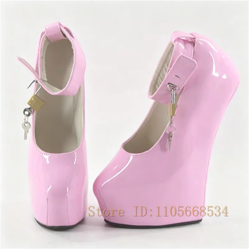 Designer New Patent Leather Hoof High Heels Pumps Women Metal Lock Decor 20CM Wedge Platform Heelless Shoes for Pole Dance