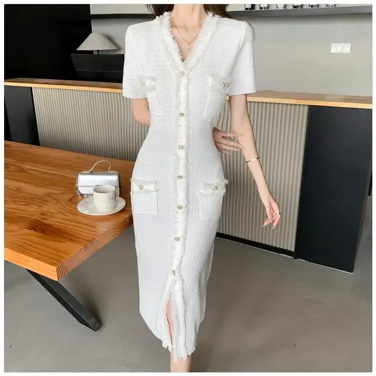 

Elegant Slim Knit Bodycon Dress Women 2024 Summer Short Sleeve V-neck Single-breasted Long Dresses Solid Stylish Vintage Vestido