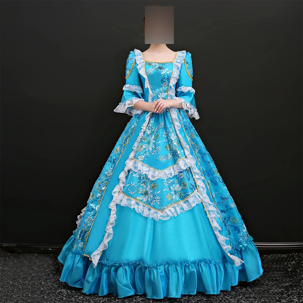 

GUXQD Sky Blue Medieval Marie Women Evening Dresses Renaissance Masquerade Custume Prom Party Theater Gowns Vestido De Noche