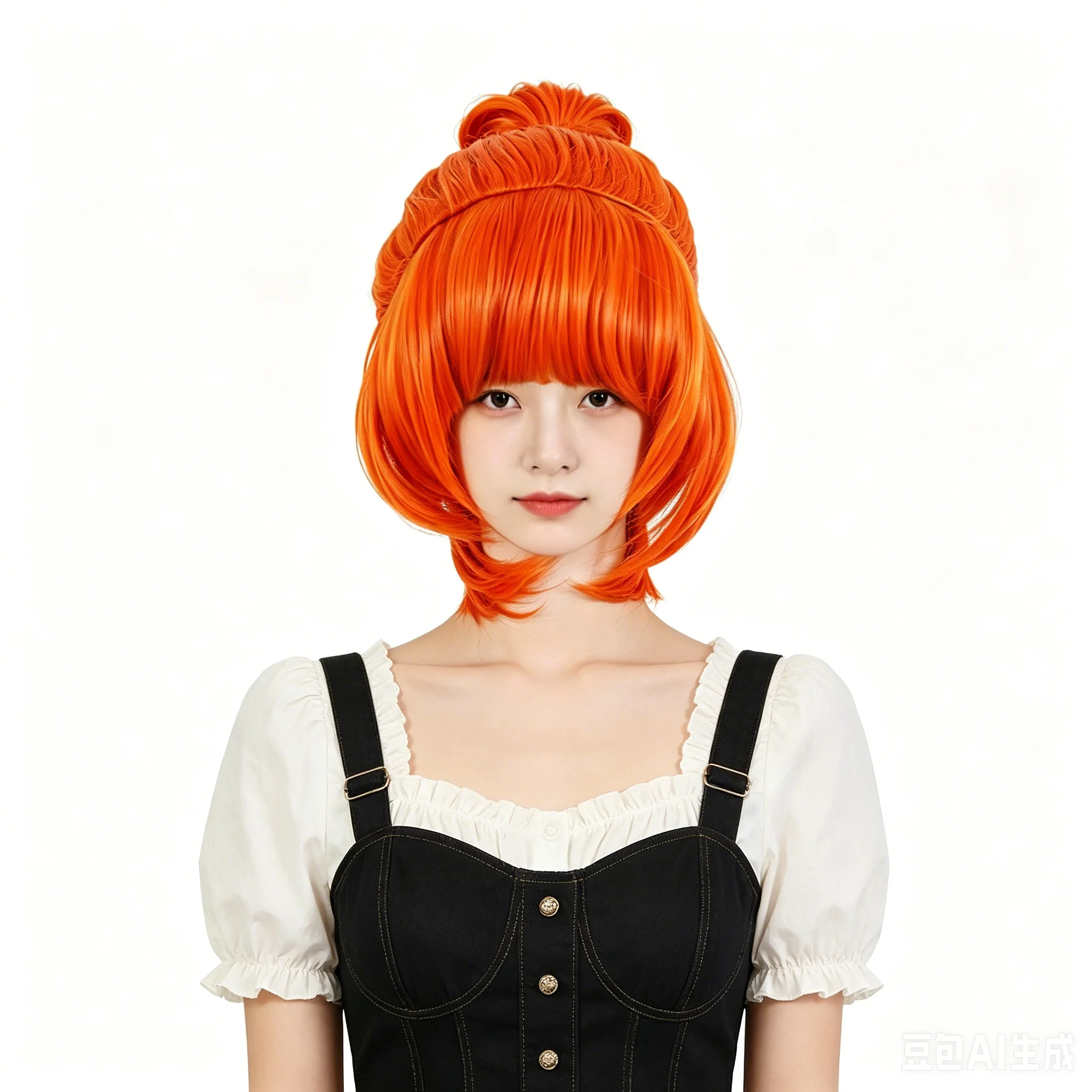 

One Piece Bright Orange Bob Wig with Bangs and Bun Pre-styled Natural Looking Heat Resistant Synthetic Wig Ready to Wear