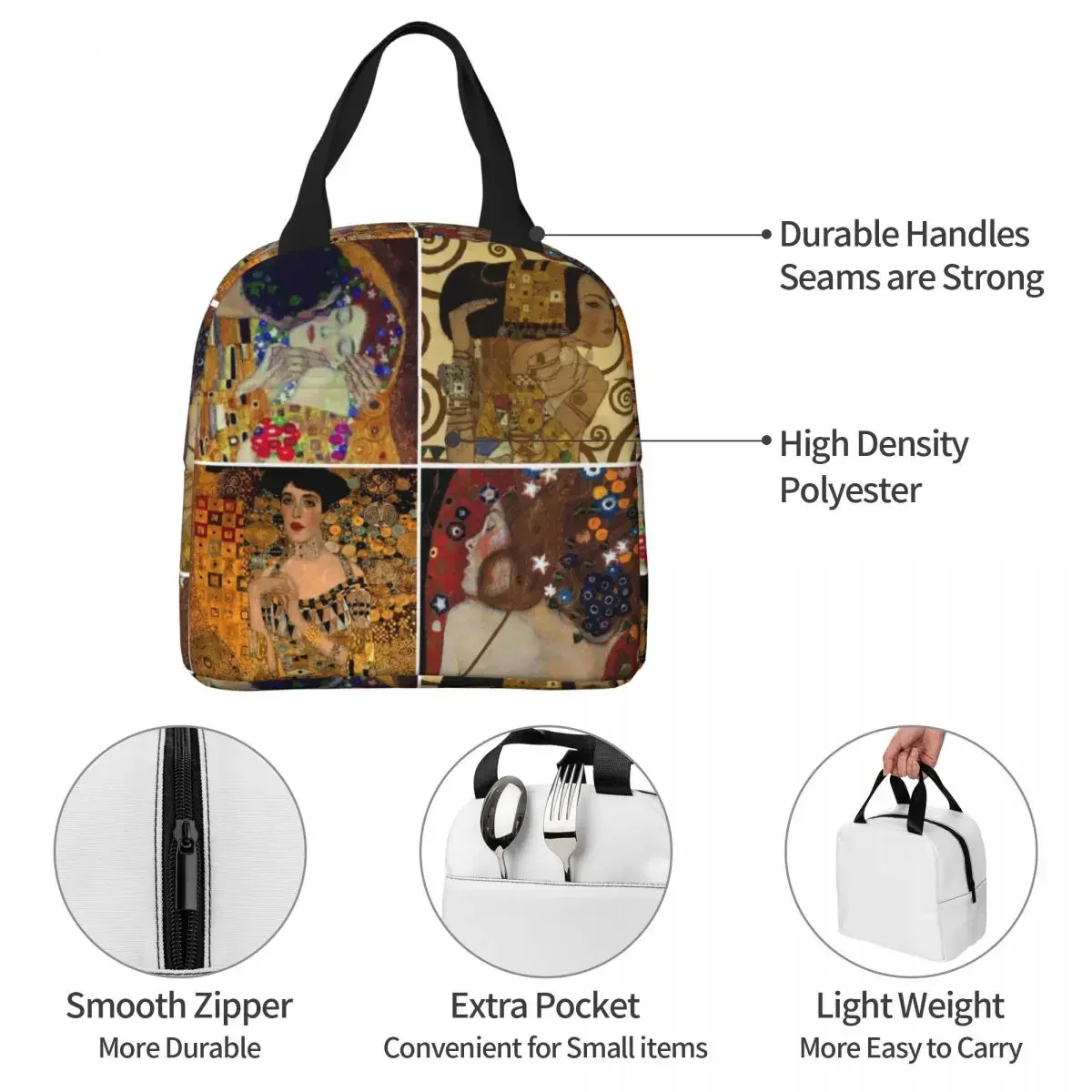 Gustav Klimt Freyas Insulated Lunch Bags Tree Of Life The Kiss Adele Bloch-Bauer Lady Meal Container Cooler Bag Tote Lunch Box