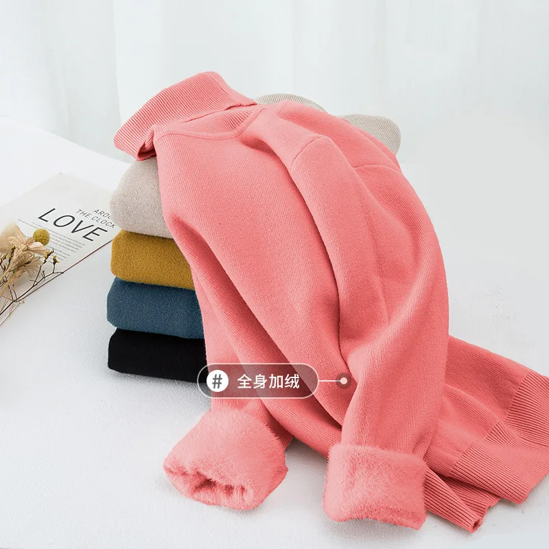 

Толстые свитера для девочек и мальчиков, новые плюшевые бархатные вязаные зимние джемперы с высоким воротом, осенний модный пуловер, детские топы на флисовой подкладке