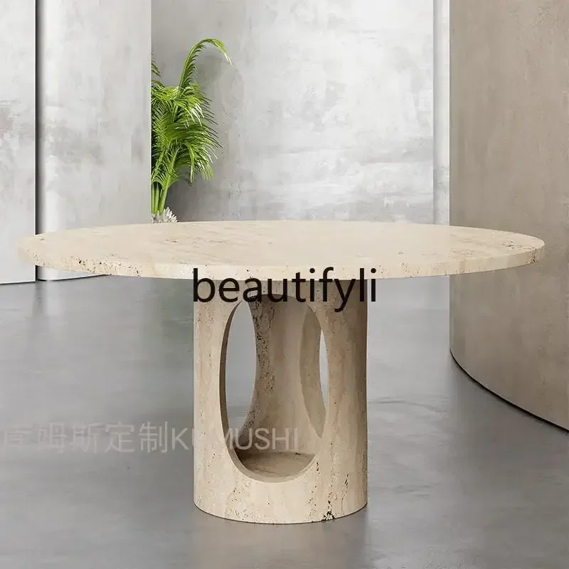 

Cy Natural Travertine Dining Table Designer Marble Villa Living Room Round Eating Table