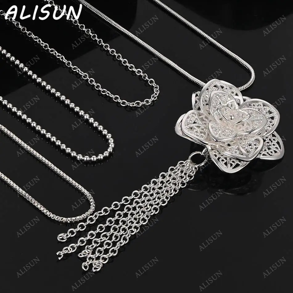 

ALISUN 40-75cm 925 Sterling Silver Design Flower Tassels Pendant Necklace For Women Men Charm Trend Birthday Gifts Fashion Party