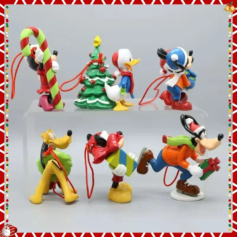 6PCS Disney Mickey Mouse Mickey Minnie Donald Duck Christmas Series Figure Collectible Ornaments Christmas Gift Keychain Toy