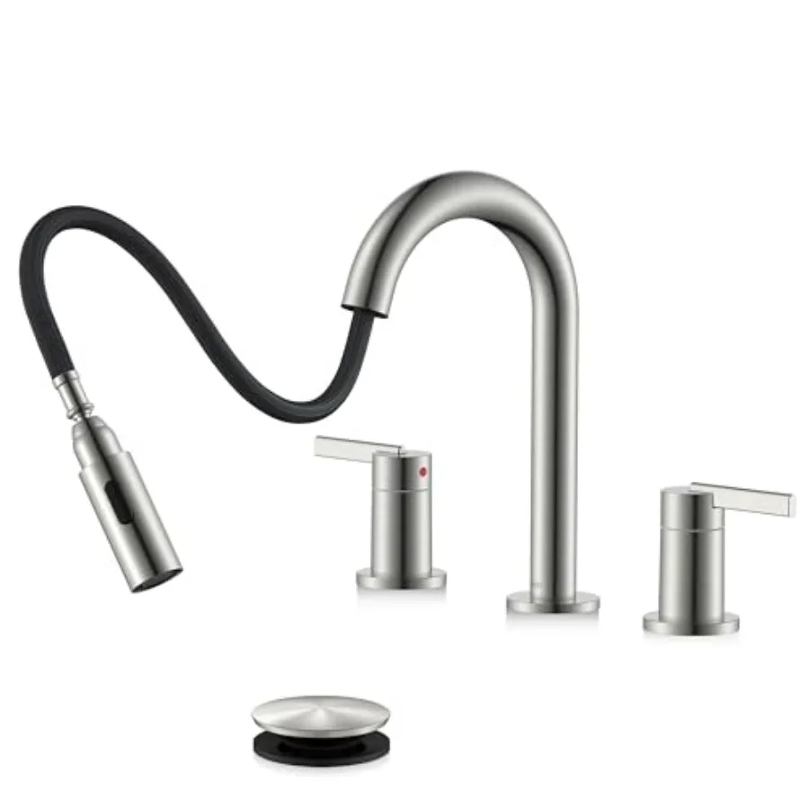 

Widespread bathroom faucet with sprayer for sink use brushed nickel finish durable metal construction 8-inch 3-hole installatio