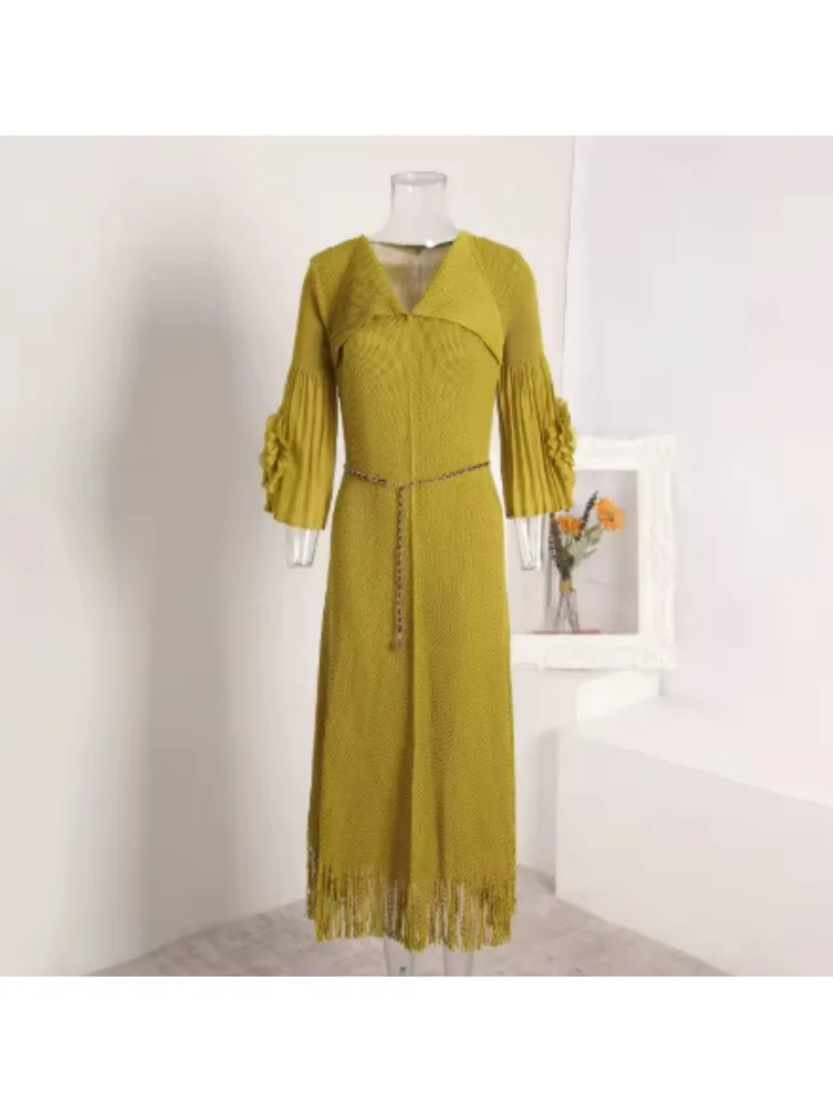 

Miyake, оптовая продажа, новое плиссированное платье с рыбьей чешуей и цветочной бахромой, осень 2022, свободное платье с лацканами и шнуровкой, женская одежда