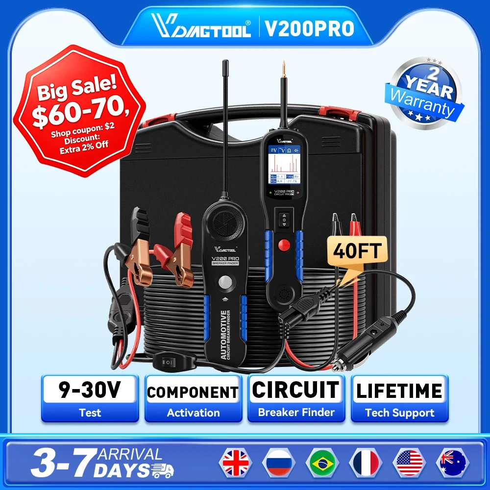 �y�Z�[�����z2026 �V�^VDIAGTOOL V200PRO 12V/24V�����ԗp�d����H�v���[�u�e�X�^�[ 40�t�B�[�g/12���[�g���P�[�u�� �����[�q���[�Y�e�X�^�[ �R�����ˑ��u�u���[�J�[�t�@�C���_�[�i�T�|�[�g�A���Ńv���[���g����j