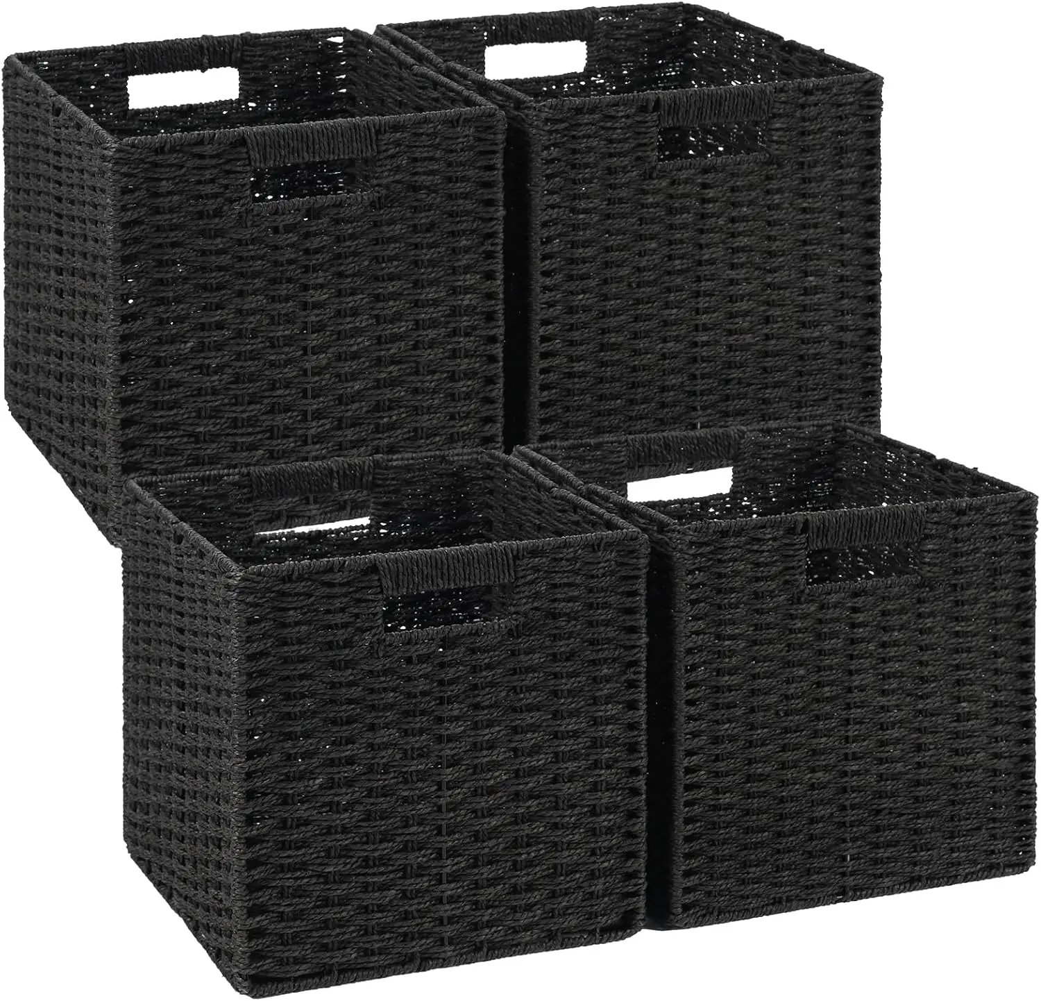 

Handwoven Paper Rope Storage Baskets 4-Pack, 11x11 Foldable Cube Bins with Handles for Shelves