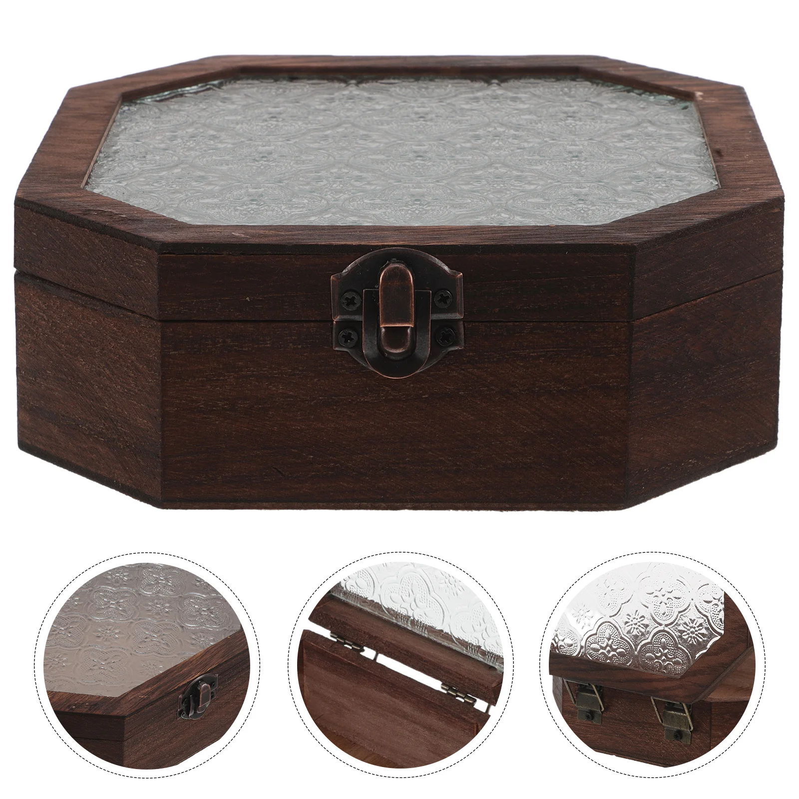 

Rustic Wood Jewelry Box Vintage Trinket Case Octagonal Lid Glass Lid Jewelry Display Storage Chest Keepsake Box
