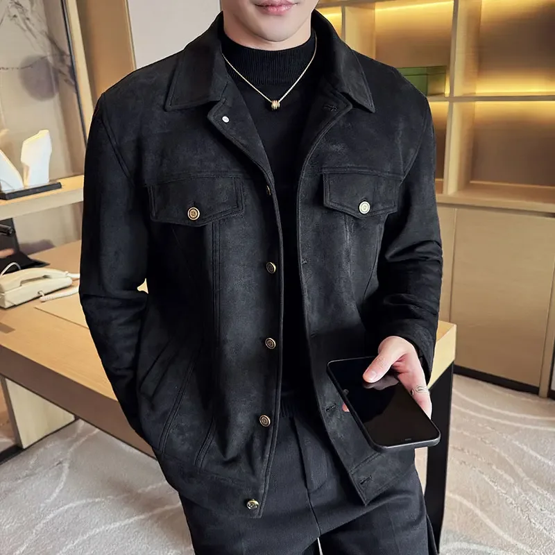 Autumn Winter Men\'s Suede Jacket Thick Casual Business Windproof Jacket Slim Fit Social Streetwear Windbreaker Coat Men Clothing