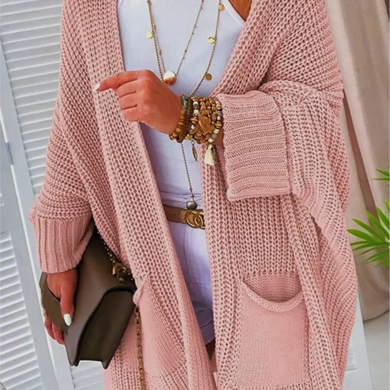 Sweter damski z dzianiny w jednolitym kolorze, z długim rękawem, luźny, o średniej długości, idealny do pracy, z kieszeniami, casualowy kardigan, ropa mujer.