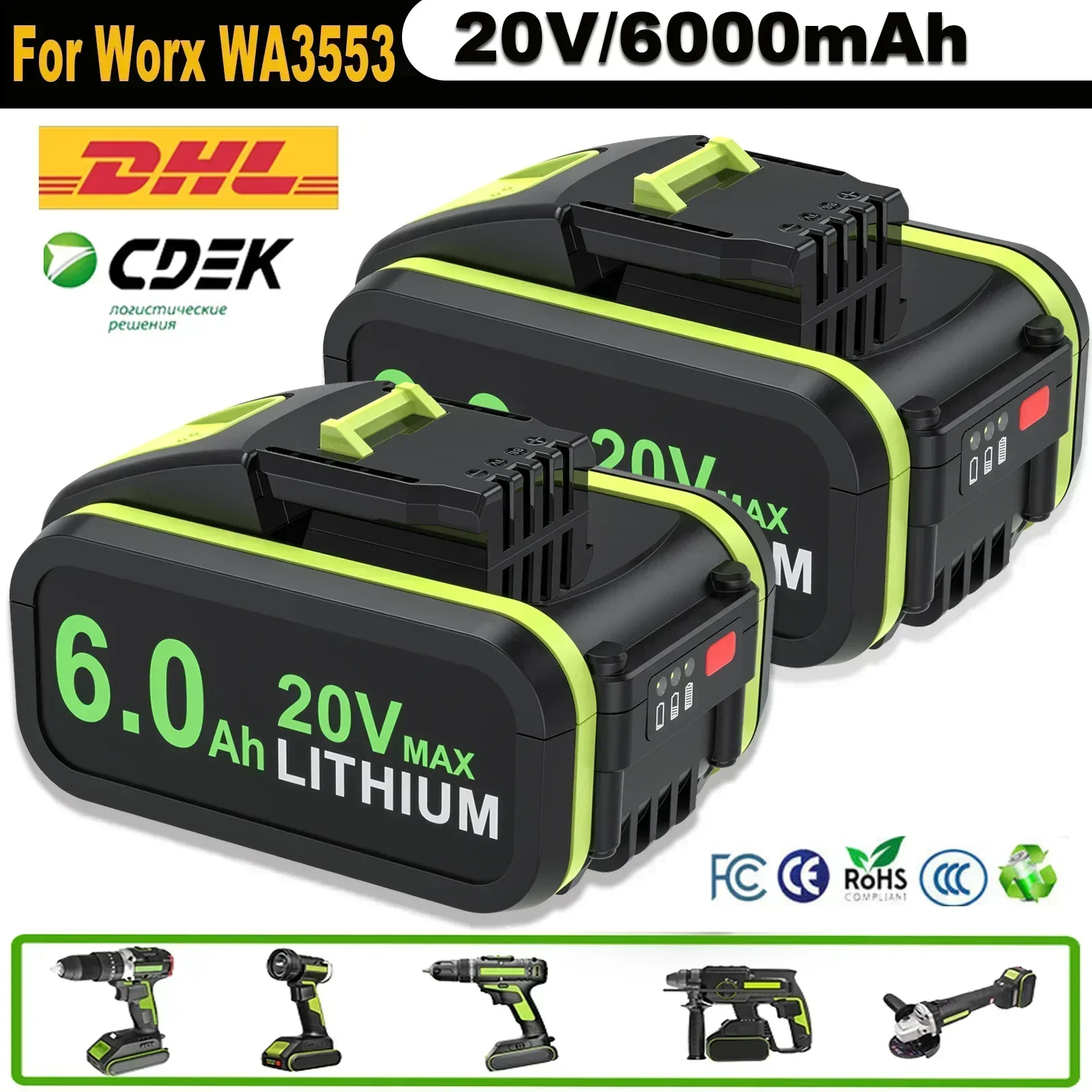 20V/6.0ah Battery For Worx WA3553 Battery Cordless Power Tool Spare Batteriies WA3572 WA3553 WX390 WA3551 WX176 WX178 Battery