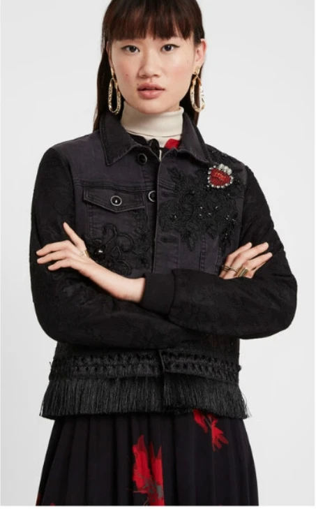 Foreign trade original single Spanish orphan print embroidered denim stitching ladies jacket coat