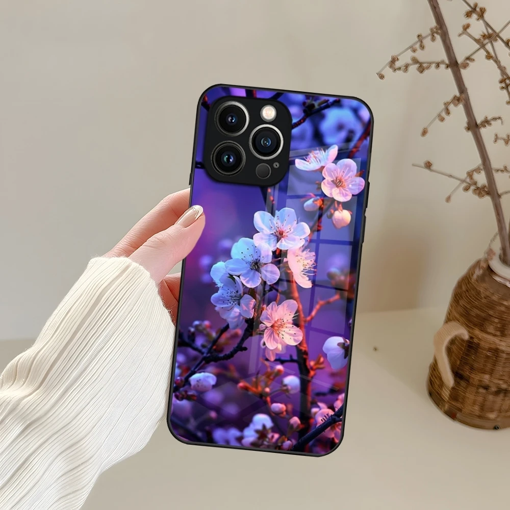 Pink Spring Cherry Blossoms Phone Case For iPhone 15 13 14 16 12 11 Pro XS Max Plus Mini X XR SE2020 Tempered Glass Coque