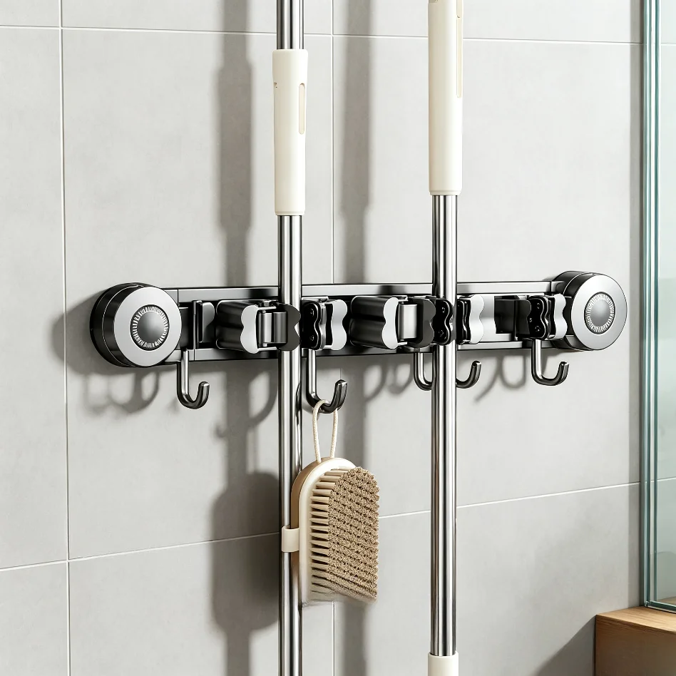 Bathroom Suction Cup Hook Wall Mount No Drill Mop & Broom Clamp Household Storage Rack