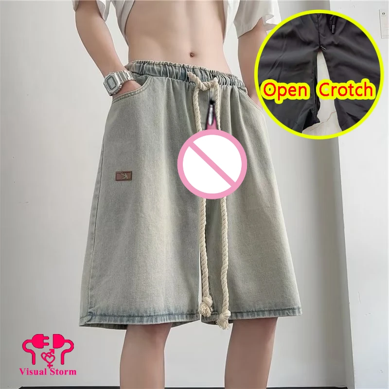 Open Crotch Men Jeans Casual Short Korean Style Invisable Zipper Fifth Pants Crotchless Leggings Sexy Clubwear Summer Fashion